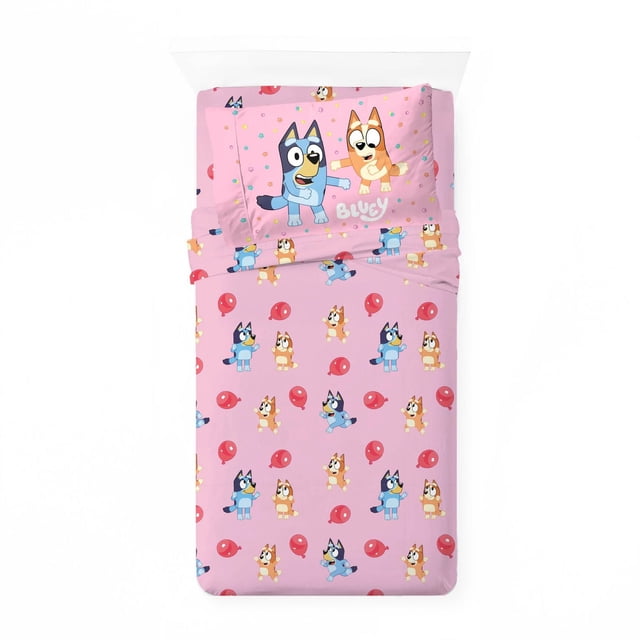 Bluey 'Balloon Party' kids 3-piece twin sheet set in pink featuring Bluey and Bingo characters with red balloons on soft 100% polyester fabric, including fitted sheet, flat sheet, and pillowcase, suitable for kids bedding and children's bed sheets.