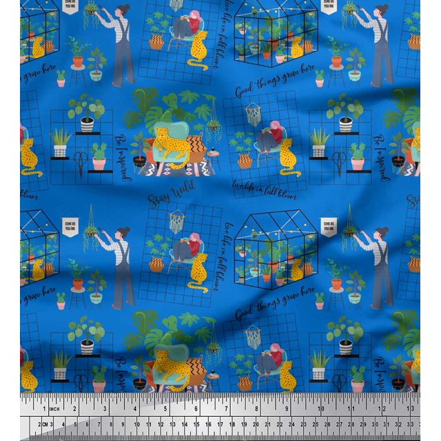 Soimoi Modal Satin Fabric Tropical Leaves,Leopard & Girl Scene Decor Fabric Printed Yard 42 Inch Wide