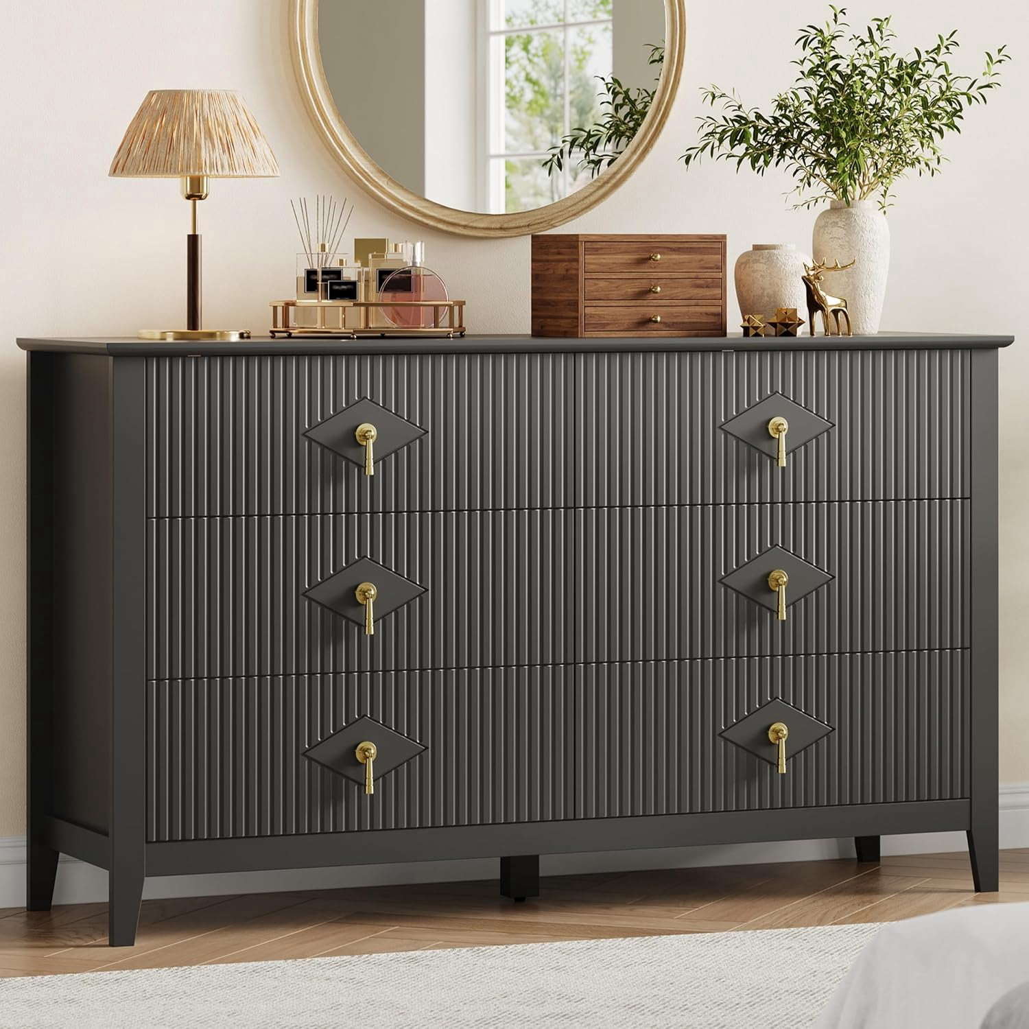 Fluted 6 Drawers Dresser for Bedroom, 54" Wide Modern Chest of Drawers with Metal Handle, Wooden Dresser Organizer for Bedroom, Living Room, Hallway, Entryway, Black