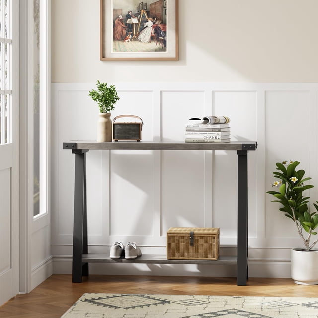 Farmhouse Narrow Console Table with Open Storage Shelf – Durable Metal Frame – V-Shaped Legs – Rustic Entryway Accent Table for Living Room, Hallway, Behind Sofa – 25 Years Grey