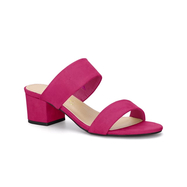 Women's Dual Straps Mid Chunky Heel Slide Sandals Hot Pink 7.5