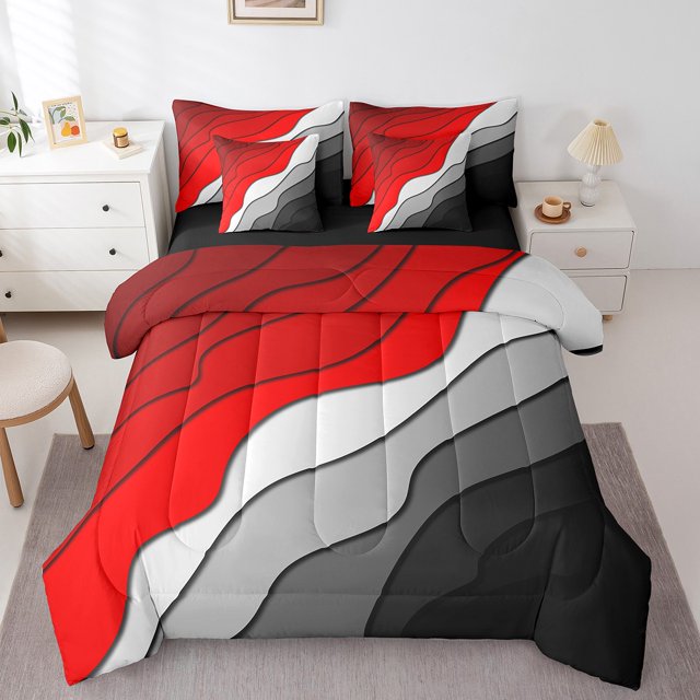 YST Dégradé Rouge Gris Noir Ensemble de Literie 7 Pcs, Grand Lit, Rayures Géométriques