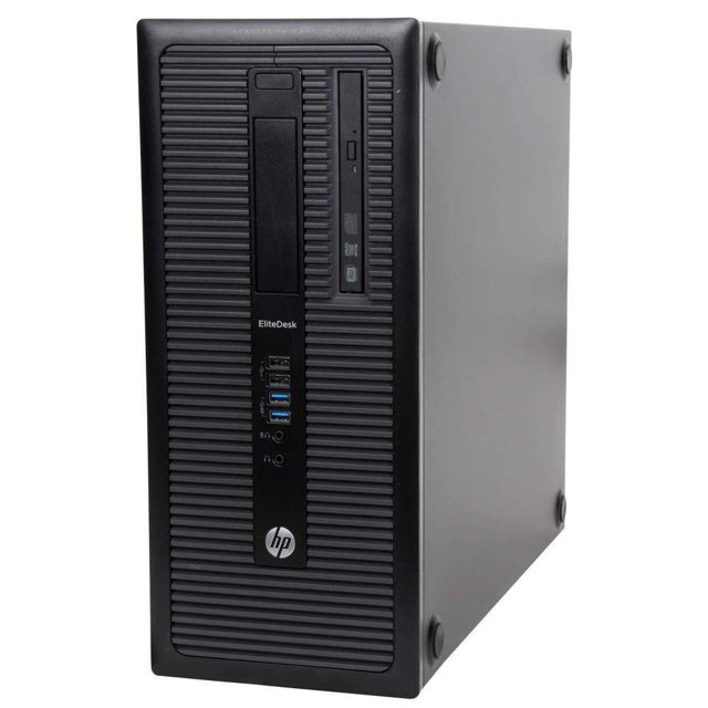 HP EliteDesk de Bureau Intel i7-4770 800G1 Remis à Neuf avec une Vue Frontale, Légèrement Inclinée, d'Un Tour PC de Bureau compact Noir Comprenant un Panneau avant horizontal Ventilé, un Fente pour Lecteur Optique, Plusieurs ports USB Dont USB 3.0, des Prises audio et le logo HP. Il Comprend 8 Go de RAM, 256 Go SSD et Windows 10 Pro Préinstallé, Idéal pour l'Ordinateur de Bureau Professionnel.