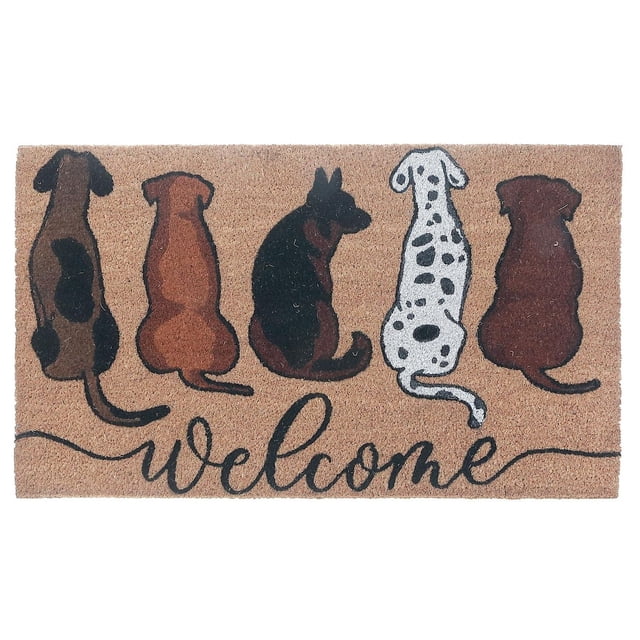 Tapis de Porte en Fibre de Coco pour Chien, Tapis Rectangulaire 18 x 30 Pouces en Fibre de Coco Naturelle avec Cinq silhouettes de Chien Assis, le Dos Tourné vers l'Avant au-Dessus du Mot « Bienvenue » en cursive, Conçu pour Emprisonner la Saleté pour les Entrées Intérieures et Extérieures et Convient comme Tapis de Sol Décoratif Adapté aux Animaux.