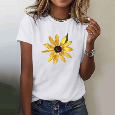 Ovbmpzd White Trendy Tops for Women 2025 Summer Short Sleeve Funny Floral Graphic Tees Shirts for Teens L