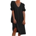 thumbnail image 1 of Robe d'Été pour Femmes Grande Taille en Coton et Lin à Manches Mi-Longues, Col en V, Midi Unie, Robe Décontractée pour Femmes, Robe T-Shirt Ample, 1 of 6