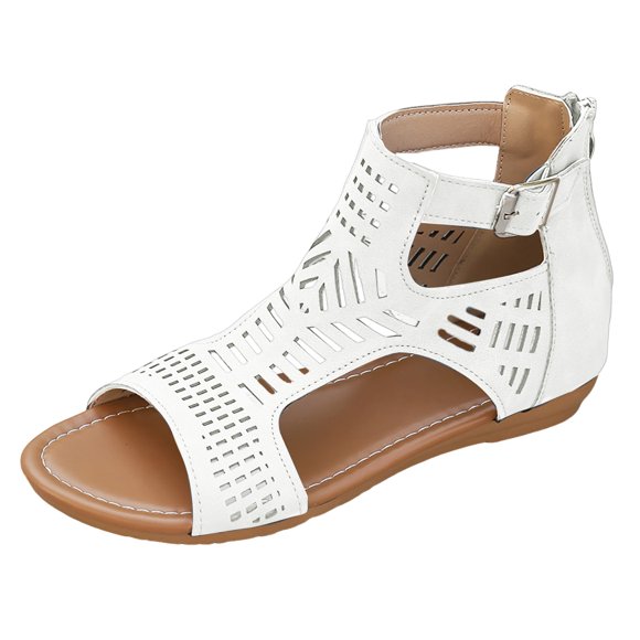 Women's Slip On Hollow Out Flat Sandals Retro Low Wedge Walking Shoes Adjustable Buckle Strap Beach Slides White Size 7.5