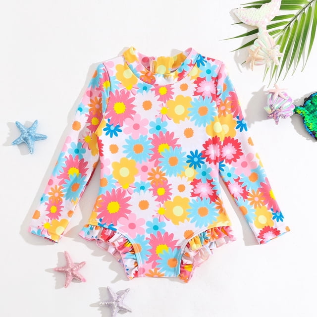 Toddler Girls Bathing Suits Rash Guard Cute Print Long Sleeve Sun Protection Bathing Suit for Girls 18-24 Months