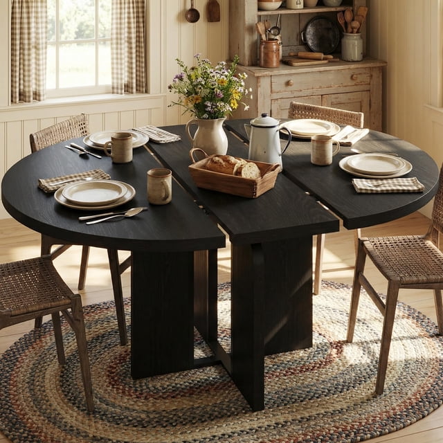 47"-63" Extendable Round Dining RoomTable for 4-8, Farmhouse Wood Expandable Kitchen Table w/Wider Leg, Sturdy Metal Frame, Oval Circle, for Dinner, Kitchen, Apartment, Space Save, Retro Black