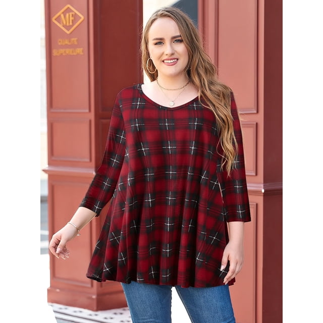 LARACE T-Shirts à Manches 3/4 pour Femmes Col Rond Crochet Amples Décontractés Chemises Blouses Hauts Bordeaux 1X