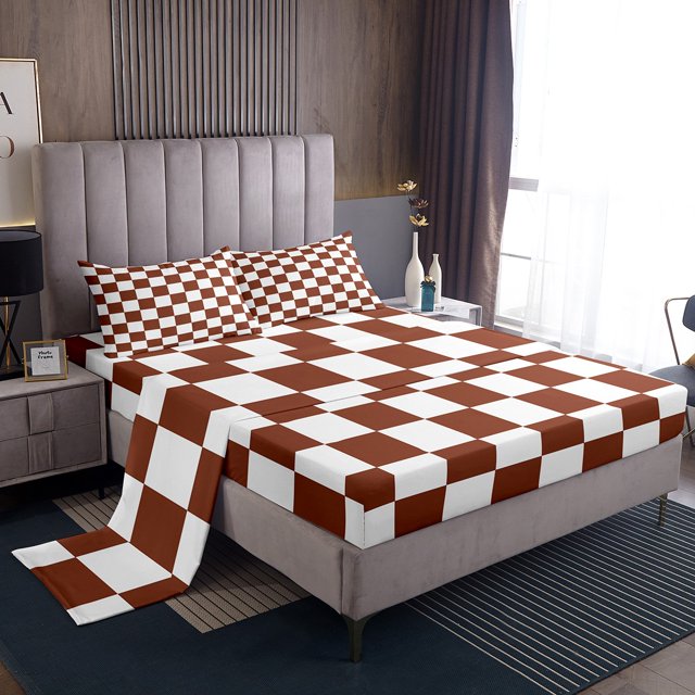 Erosebridal Check Plaid Sheet Set Full, Geometric Bedding Sets Full Size, Farmhouse Gingham Decor 4pcs