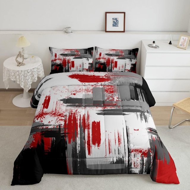 YST Abstract Comforter Modern Abstract Art Comforter Set for Boys Girls Children Red Grey Black Pattern Bedding Set Room Decor Full Size Duvet Set