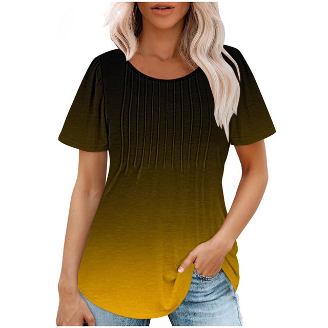 Plebaso Hauts pour Femmes Été Manches Courtes Col Rond Tunique Chic Ample Mode Blouses à Dégradé de Couleurs