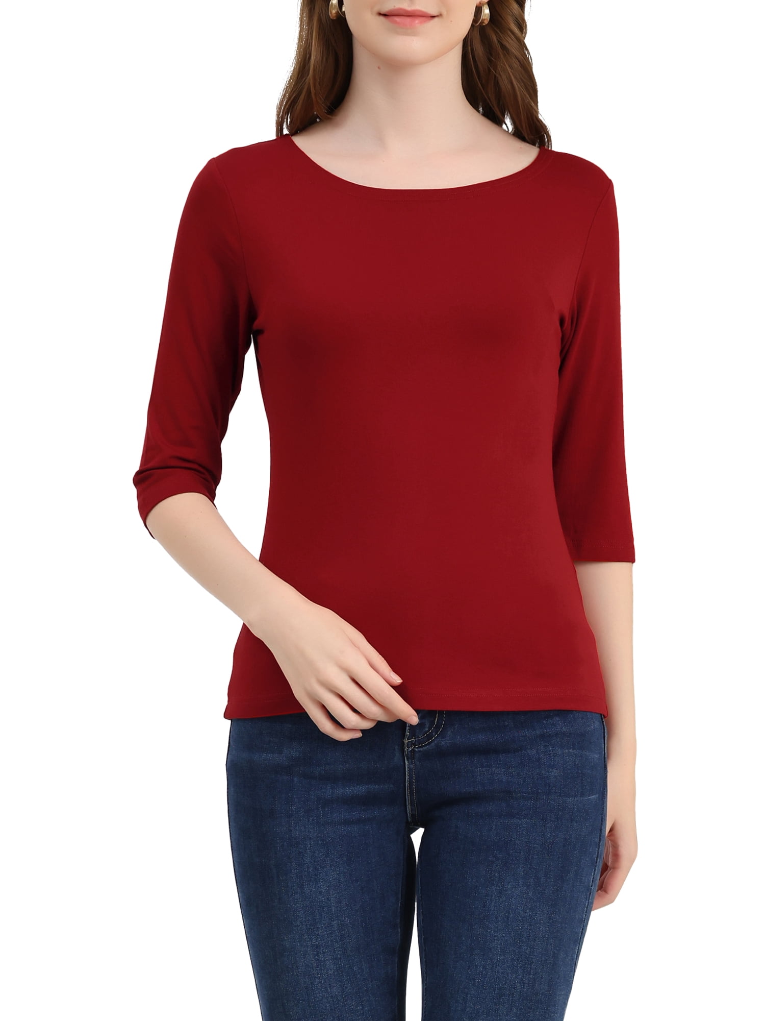 INSPIRE CHIC Hauts pour Femmes Manches au Coude Encolure Bateau Coupe Ajustée T-Shirt Classique Décontracté L Rouge Vin