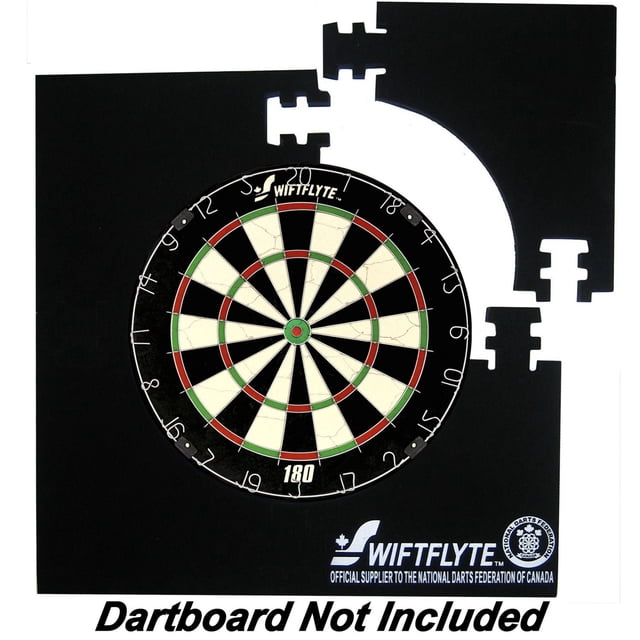 Swiftflyte Ndfc Dartboard Surround, 4-piece black EVA foam square backboard wall protector with velvet finish, 28 inches square, designed to fit most dartboards, featuring interlocking edges and National Darts Federation of Canada endorsement logos, shown with a dartboard centered in the surround. Dartboard not included.