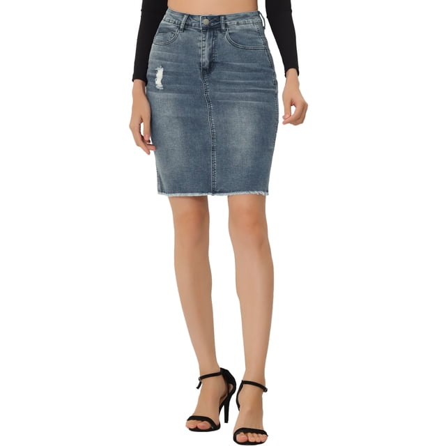 Unique Bargains Women's Basic Distressed High Waist Ripped Hem Washed Denim Skirt, Blue Grey, S