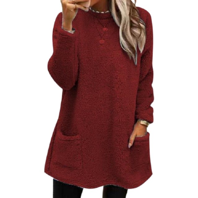 LUXUR Women Fuzzy Fleece T Shirt Loose Work Tops Claret S