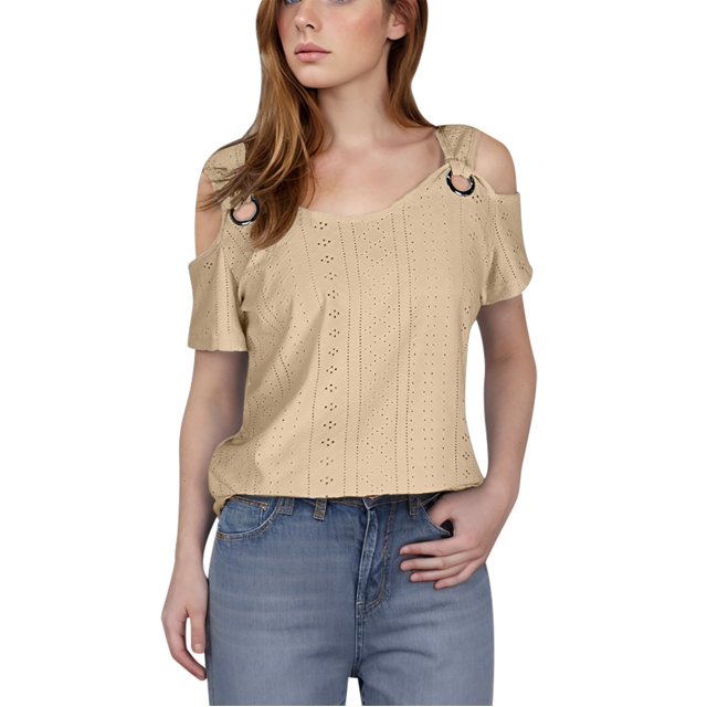 fheaev Hauts d'Été pour Femmes Épaules Dénudées Manches Courtes Dentelle Patchwork Col Rond Tunique Ample Blouses T-Shirt Décontracté Chic Vacances Travail