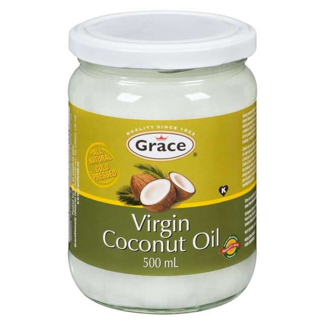 Grace Virgin Coconut Oil 500ml glass jar with white lid, featuring a yellow and green label with the brand logo, halved coconuts image, and text highlighting it as 100% pure, cold-pressed coconut oil suitable for cooking, skincare, and haircare uses.