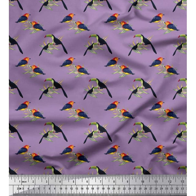 Soimoi Purple Cotton Duck Fabric Leaves,American Robin & Toucan Bird Print Fabric by Yard 56 Inch Wide