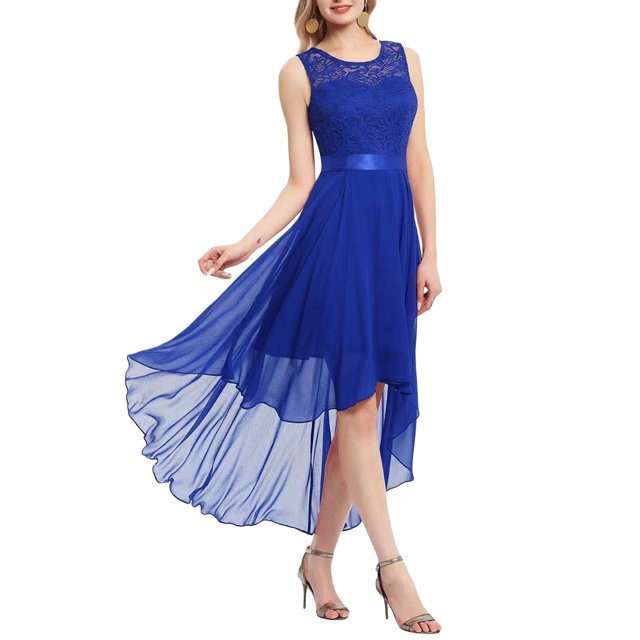 Kmbangi Robe Trapèze de Soirée pour Femme, Dentelle Patchwork, Grande Ampleur, Robe en Mousseline, Été, Col Rond, Sans Manches, Ourlet Irrégulier