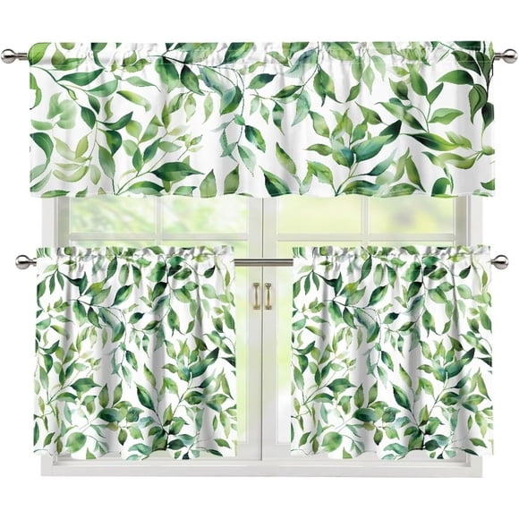 Cantonnière et Ensemble de Panneaux à Feuilles Vertes pour Cuisine, Petit Rideau Demi-Fenêtre à Panneaux de Printemps, Longueur 24 Pouces, Cantonnière 54 Pouces x 18 Pouces, Habillage de Fenêtre Déco pour Café