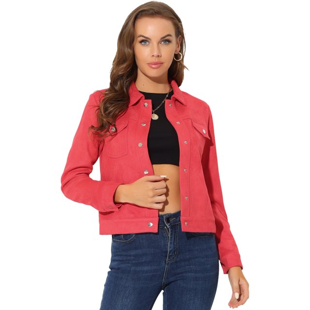 INSPIRE CHIC Women's Turn-Down Collar Flap Pockets Snap Button Faux Suede Jacket Small Red