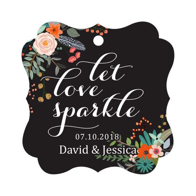 Darling Souvenir Custom Let Love Sparkle Wedding Hang Tags Personalized Fancy Frame Paper Tags -Floral Black-100 Tags
