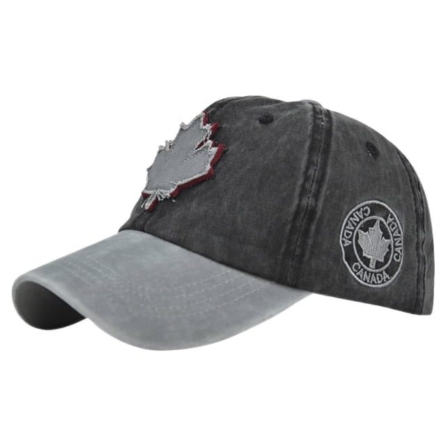 GDREDA Trucker Hats Canada Baseball Cap, grey with an embroidered maple leaf patch and Canada flag design. Features a distressed finish, adjustable strap, and curved brim. Made from polyester, ideal for Canada Day celebrations and outdoor activities like hiking and jogging. One size fits most adults.