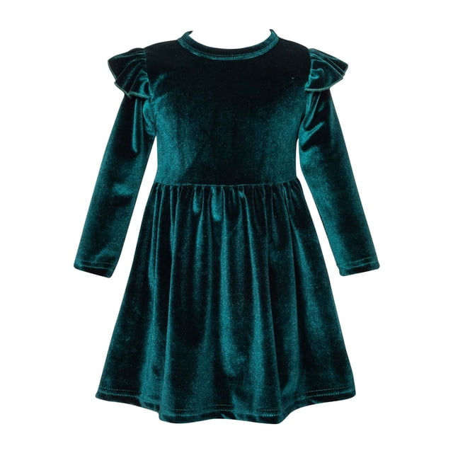 Infant Toddler Girls Solid Color Single Sided Velvet Lace Long Sleeves Ruched Dress