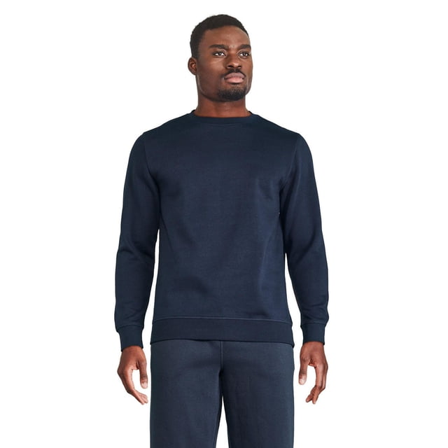 Athletic Works Men's Fleece Popover in navy blue with crew neckline, long sleeves, and ribbed trim at neckline, cuffs, and bottom band. Made of soft fleece knit fabric, ideal for warmth during outdoor activities or lounging at home.