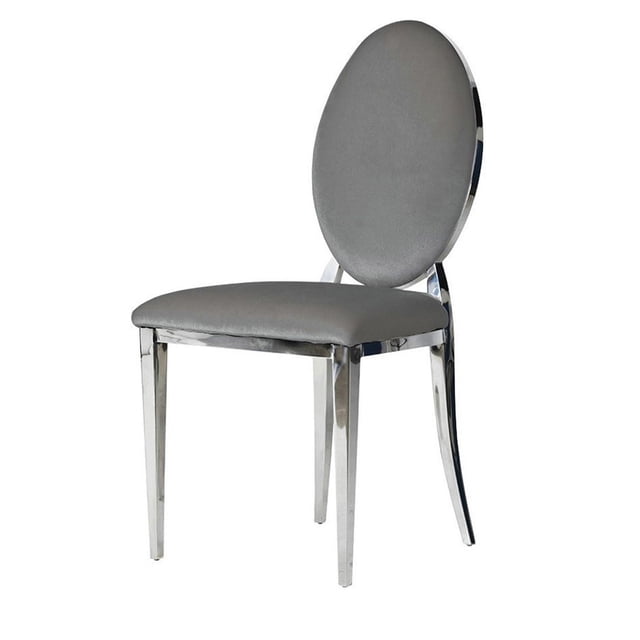 Canadian Zara Velvet Silver Dining Chair set of 2 with grey velvet fabric seat and oval backrest supported by mirror-finished stainless steel legs, designed for kitchen and dining seating and suitable as stylish accent chairs.