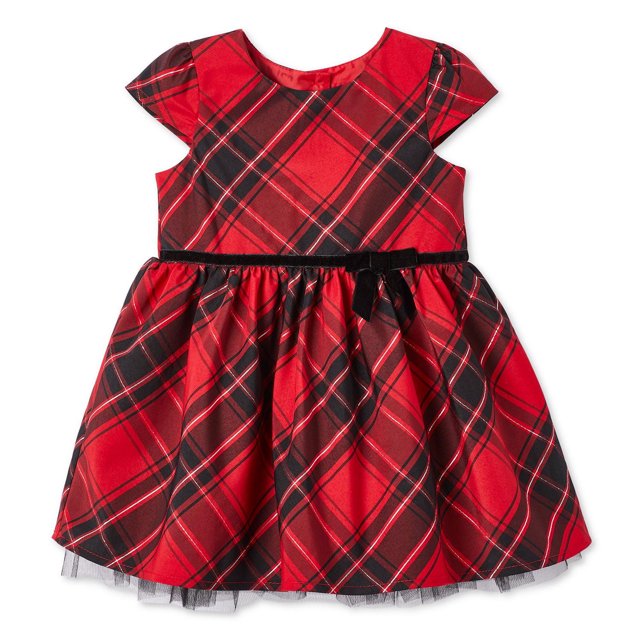 George Baby Girls' red and black plaid dress with short sleeves, gathered skirt, and a black velvet bow belt at the waist.