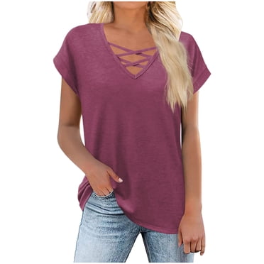 Diufon Hauts pour Femmes Grande Taille Décontractés à Col en V Croisé, Manches Courtes, Chemises Surdimensionnées Amples, Tunique Blouse