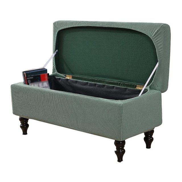 Green Rectangle Stretch Ottoman Slipcover Small Plaid Knit Footstool Protector Cover Removable Washable Slipcover