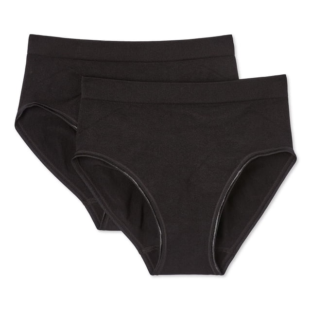 George Women's Plus Shapewear Brief 2-Pack with two black seamless high-rise briefs featuring elasticized waistbands and cotton gussets, providing lift and support for a smooth silhouette under clothing, also suitable for all-day comfort.