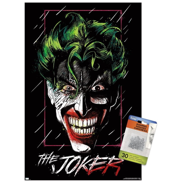 DC Comics - The Joker - Affiche Murale Gros Plan, 14,725 Po x 22,375 Po Présentant un Gros Plan des Cheveux Verts du Joker avec des Traits de Pinceau Détaillés sur un Fond Noir Encadré d'Un rectangle Rouge, avec un Texte « The Joker » Stylisé Blanc et Rouge au Bas, Accompagné d'Un Lot de 30 Punaises Transparentes pour Montage.