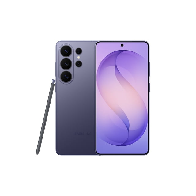 Samsung S26 Ultra 512GB unlocked phone in matte purple shown front and back with stylus, featuring quad rear cameras, centered punch-hole front camera, and large immersive display ideal for gaming and nightography photography, also suitable for creative studio use.