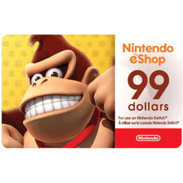 Nintendo Carte-cadeau eShop à 99 $ (Code Numérique) Mettant en Vedette Donkey Kong avec une Cravate Rouge sur un Fond Jaune avec la Marque Nintendo eShop, pour les Téléchargements Numériques Nintendo Switch et les Achats au Canada.