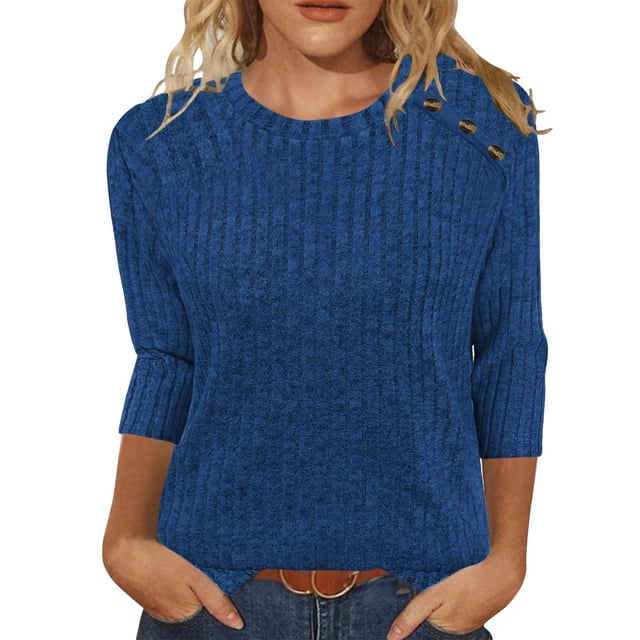 Pincandy Womens Sweaters Fall Fashion 3/4 Length Sleeve Tops Crew Neck Button Shirts Casual Pullover Cute Winter Clothes