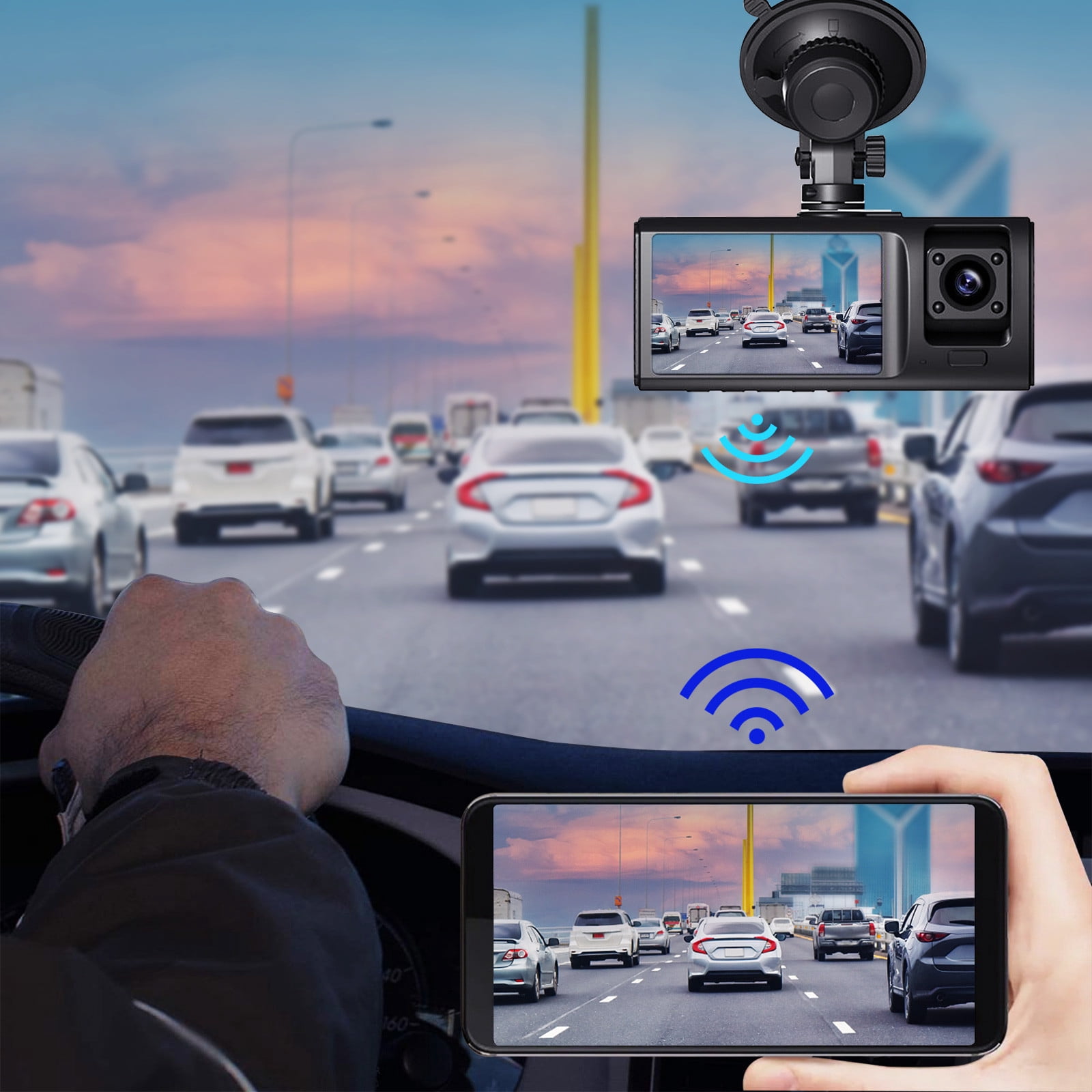 Birdeem 1080P Wifi Dash Cam with Front,Inside,and Rear Camera,Night Vision,Parking Monitoring,G-Sensor,Loop Recording,Motion Detection,and Reverse View