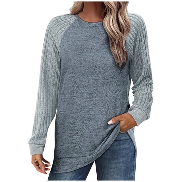 yoeyez Tunique en Tricot pour Femmes, Chandails à Manches Torsadées Patchwork, Col Ras du Cou Raglan, Chemises à Manches Longues, Hauts Mode Automne 2024, Bleu, TG