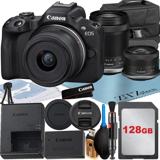 Canon EOS R50 Appareil Photo Sans Miroir avec Objectif RF-S 18-45mm + 18-150mm + Carte Mémoire 128 Go + Étui + Ensemble d'Accessoires ZeeTech