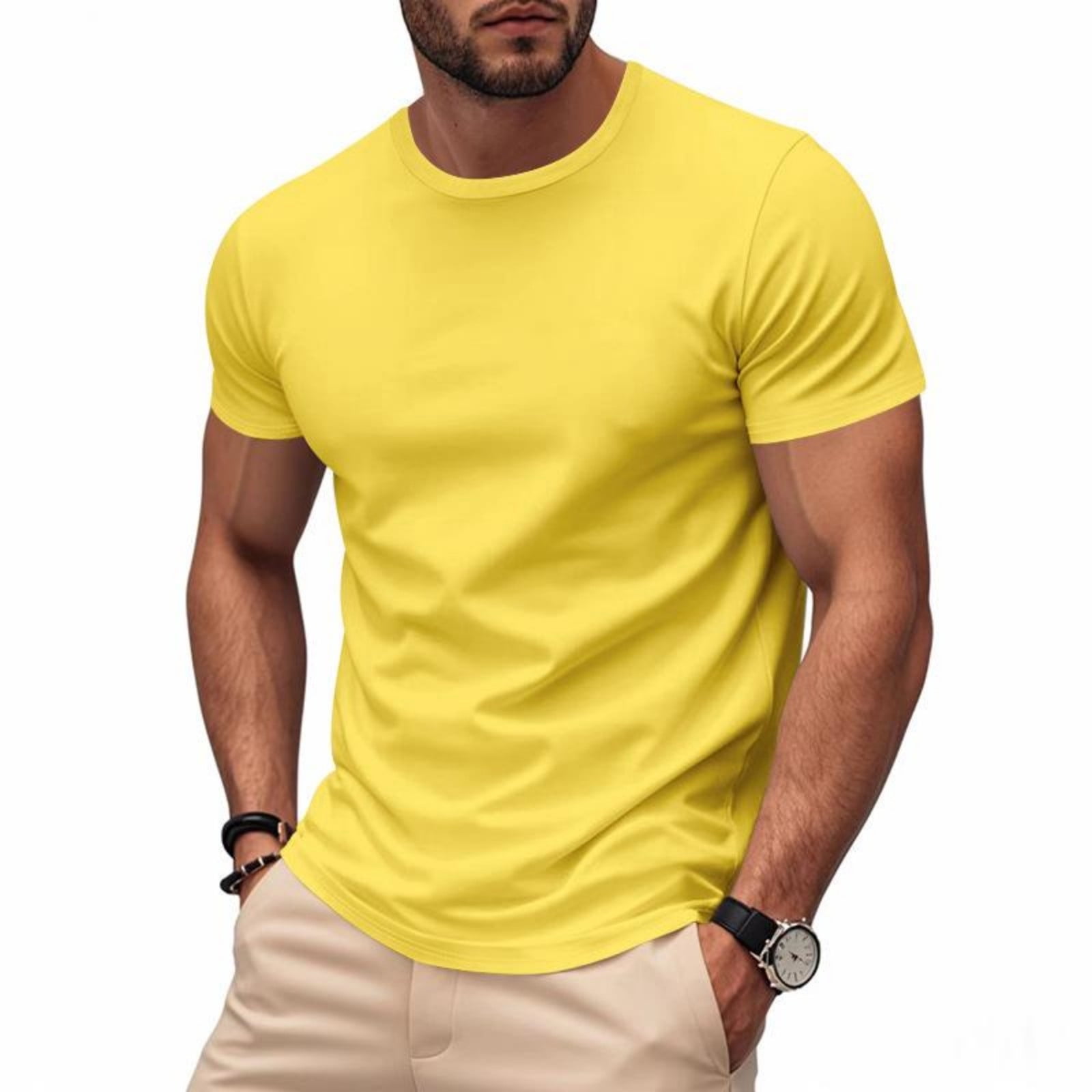 Viluyesy T-Shirt Actif d'Été à Séchage Rapide pour Homme, Col Ras du Cou, Muscle, Doux, Extensible, Uni, Manches Courtes, Jaune, P