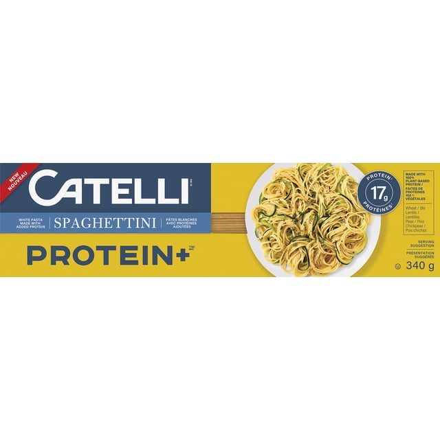 CATELLI PROTEIN+ SPAGHETTINI dry white pasta made with added plant-based protein from wheat, lentils, peas, and chickpeas, served on a white plate garnished with herbs on a yellow background, 340 g package, suitable for high-protein meals.