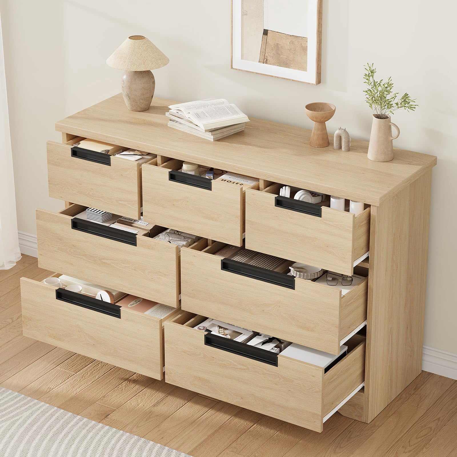 GloryStar 7 Drawer Dresser for Bedroom, Natural Oak Dresser Organizer with Embedded Handles Design, Wooden Chest of Drawers for Living Room, Nursery, Hallway