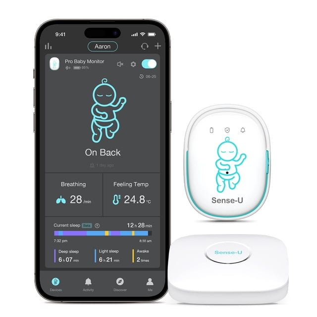 Sense-U Pro Baby Breathing Monitor, Alertes en temps réel pour Pas de Respiration, Roulement, Surchauffe depuis n'importe où, Vibration d'excitation, Audible & Alertes d'application, conception facile à cliper, portable, portable