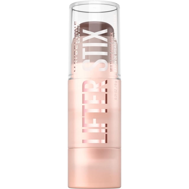 Maybelline New York Lifterstix Multi Use Face Stick in a vertical tube with a clear cap showing a creamy beige contour shade, designed for covering, contouring, and highlighting to sculpt facial features with a smooth, blendable formula suitable for natural or defined looks.