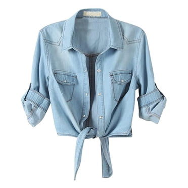 DondPO Tshirts Shirts Blouses for Women Dressy Casual Tie 3/4 Jean Denim Shirt Knot Crop Jacket Button Down Top Sleeve Casual Women's Women's Blouse Womens Tops Womens Shirts Blue S