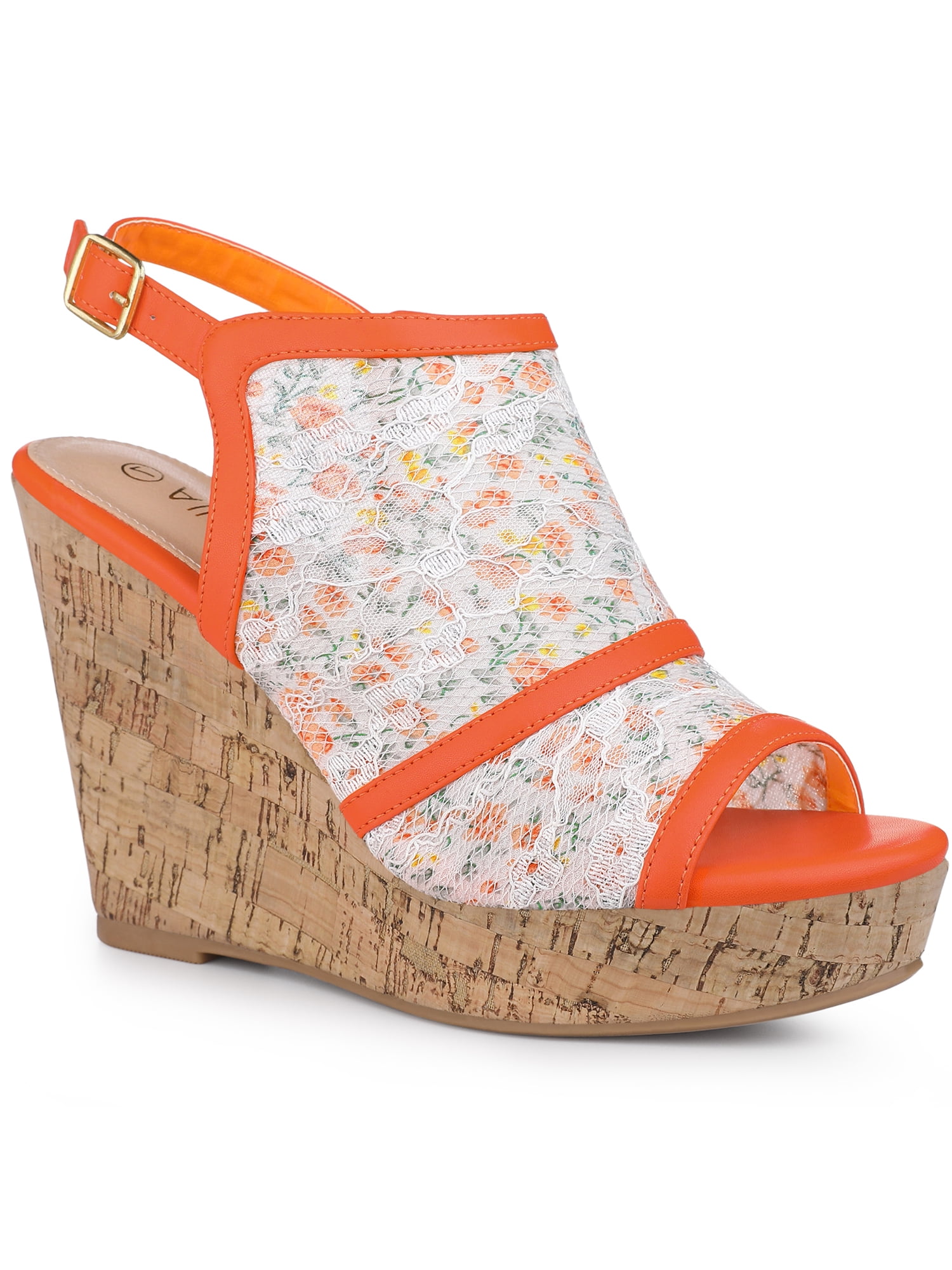 BLISSFUL STEP Chaussures pour Femmes Sandales Compensées à Bout Ouvert à Plateforme avec Lacets Fleur Orange 9